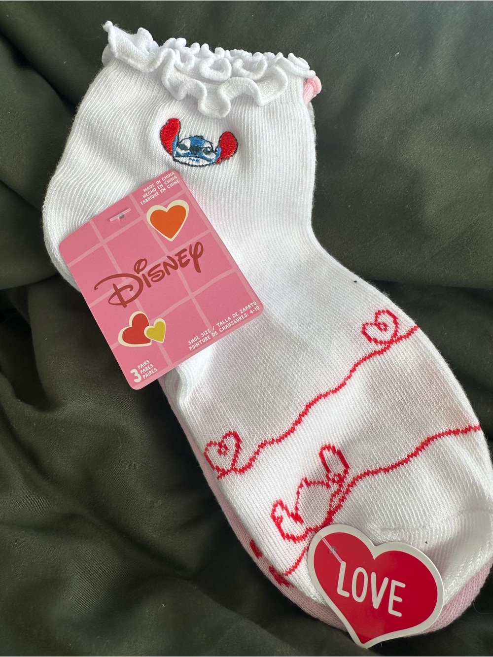 3 Pair - Lilo & Stitch Disney Ankle Socks with Red Heart Stitching / Ruffle Cuff